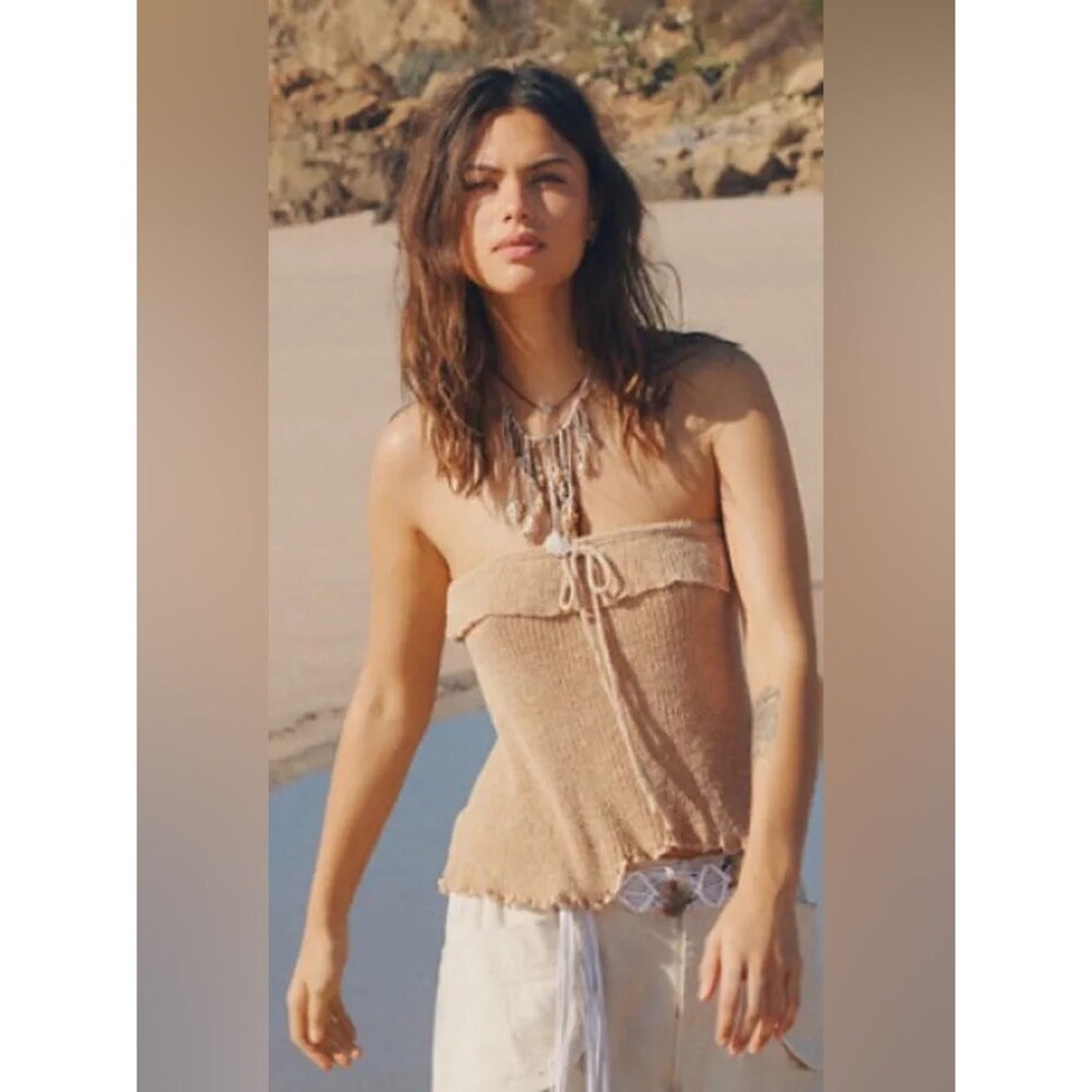 Women's Beige Strapless Knit Camisole with Tie Front